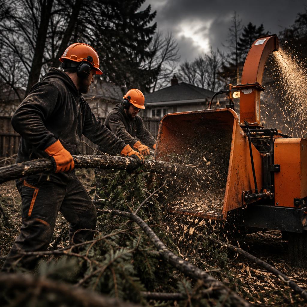 Two workers in orange hard hats and gloves feeding branches into an orange wood chipper