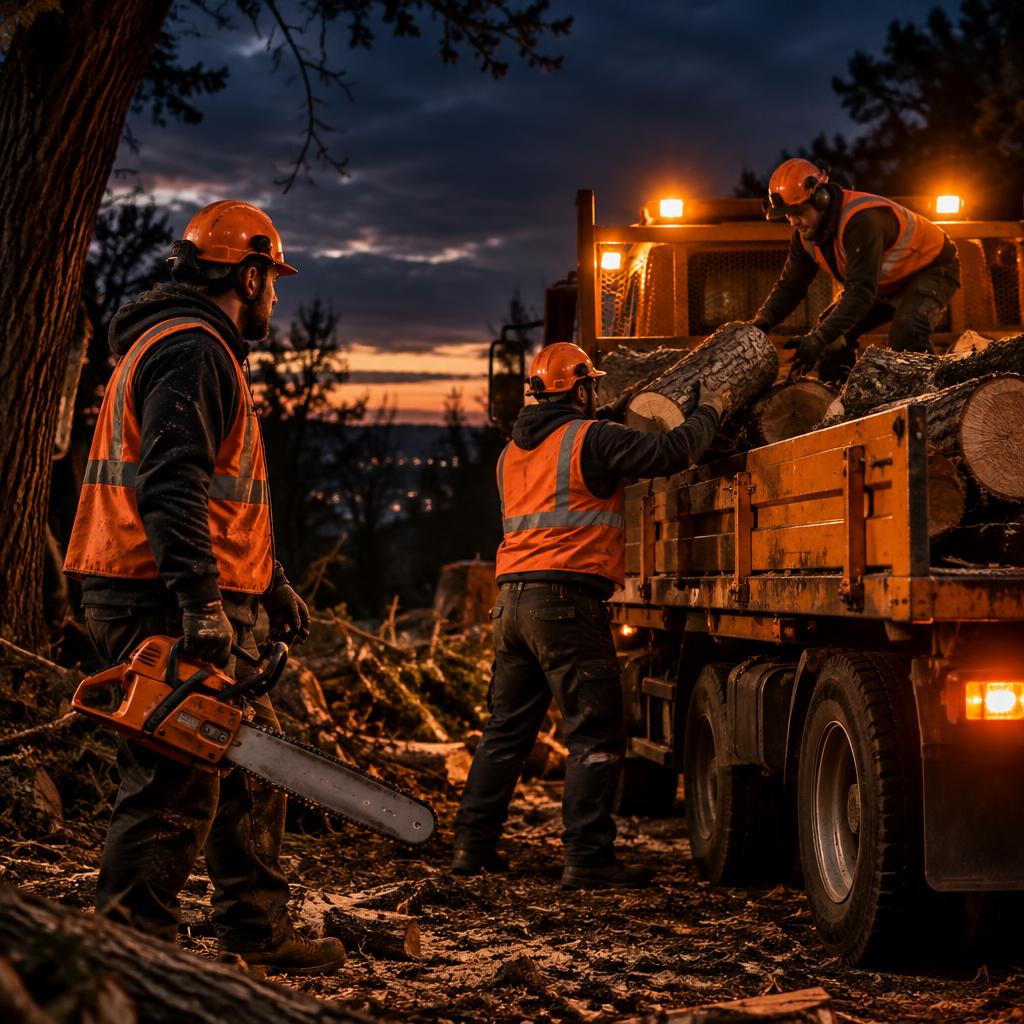 Tree crew in orange helmets and vests loading logs into an orange flatbed truck at dusk